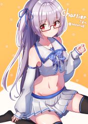 Rule 34 | 1girl, absurdres, armpits, bare shoulders, black thighhighs, bow, bowtie, breasts, closed mouth, collarbone, collared shirt, commission, crop top, detached sleeves, glasses, grey hair, groin, hair ribbon, hand up, highres, long hair, long sleeves, looking to the side, midriff, miniskirt, navel, no shoes, one side up, original, pleated skirt, red-framed eyewear, red eyes, ribbon, semi-rimless eyewear, shirt, sitting, skeb commission, skirt, small breasts, smile, solo, sosoru, stomach, thighhighs, thighs, under-rim eyewear, wariza, white shirt, white skirt, zettai ryouiki