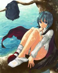 Rule 34 | 1girl, against tree, aki (mare desiderii), antennae, ass, breasts, cape, dappled sunlight, feet, female focus, frown, green eyes, green hair, in tree, juliet sleeves, knees up, legs, long sleeves, looking at viewer, matching hair/eyes, no bra, no pants, open clothes, open shirt, outdoors, panties, pants, pantyshot, puffy sleeves, raised eyebrow, red footwear, shade, shirt, shoes, short hair, single shoe, sitting, small breasts, sock pull, socks, solo, striped clothes, striped panties, sunlight, tears, touhou, tree, tree shade, underwear, undressing, unworn pants, water, white shirt, white socks, wriggle nightbug