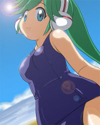 Rule 34 | android, beach, blue eyes, charu (saru getchu), green hair, joints, lens flare, long hair, lowres, one-piece swimsuit, ponytail, robot ears, robot joints, saru getchu, school swimsuit, sky, smile, sun, swimsuit, water