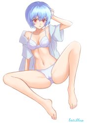 Rule 34 | 1girl, arm support, artist name, ayanami rei, bacillus, bare shoulders, barefoot, blue hair, blush, bra, breasts, cameltoe, collarbone, commentary, full body, hair between eyes, hand on own head, looking at viewer, medium breasts, midriff, nail polish, navel, neon genesis evangelion, off shoulder, open clothes, open shirt, paid reward available, panties, parted lips, pink nails, red eyes, shirt, short hair, short sleeves, signature, simple background, sitting, solo, spread legs, underwear, white background, white bra, white panties, white shirt, wide spread legs