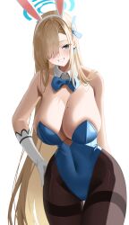 Rule 34 | 1girl, absurdres, animal ears, asuna (blue archive), asuna (bunny) (blue archive), bare shoulders, blonde hair, blue archive, blue eyes, blue leotard, blue ribbon, blush, breasts, brown pantyhose, cleavage, detached collar, elbow gloves, fake animal ears, gloves, grin, hair over one eye, hair ribbon, halo, highleg, highleg leotard, highres, large breasts, leavv, leotard, light brown hair, long hair, looking at viewer, mole, mole on breast, pantyhose, playboy bunny, rabbit ears, ribbon, smile, solo, thighband pantyhose, thighs, very long hair, white gloves