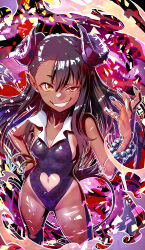 Rule 34 | 1girl, alternate costume, asymmetrical bangs, bare shoulders, black hair, blush, breasts, cleavage, clothing cutout, collarbone, curvy, demon girl, demon horns, demon tail, demon wings, earclip, fang, grin, heart cutout, heterochromia, highleg, highleg leotard, horns, ijiranaide nagatoro-san, kanchiyo, leotard, long hair, looking at viewer, low wings, nagatoro hayase, navel, navel cutout, official alternate costume, orange eyes, purple leotard, revealing clothes, shiny skin, signature, small breasts, smile, solo, tail, tan, tanline, thighs, wide hips, wings, wristband, yellow eyes