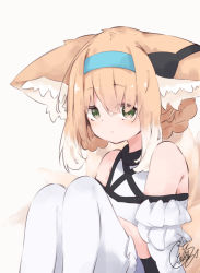 Rule 34 | animal ears, arknights, bare shoulders, beni shake, blue hairband, blue skirt, braid, closed mouth, commentary request, feet out of frame, fox ears, fox girl, fox tail, frilled skirt, frills, green eyes, hair between eyes, hairband, kitsune, knees up, light brown hair, multicolored hair, pantyhose, shirt, signature, simple background, sitting, skirt, suzuran (arknights), tail, two-tone hair, white background, white hair, white pantyhose, white shirt
