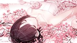 Rule 34 | 1girl, atha (leejuiping), bare shoulders, black hair, breasts, closed eyes, commentary request, dress, flower, highres, lying, on back, original, parted lips, pink flower, rose, shallow water, small breasts, solo, strapless, strapless dress, water, white dress, white flower, white rose