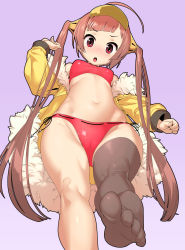 Rule 34 | 1girl, ahoge, azur lane, bikini, black thighhighs, breasts, brown hair, feet, foreshortening, from below, fur trim, gradient background, hair ornament, highres, jacket, long hair, looking at viewer, navel, no shoes, open mouth, ping hai (azur lane), ping hai (summer vacation) (azur lane), purple background, red bikini, red eyes, single thighhigh, small breasts, soles, solo, stomach, swimsuit, thighhighs, toes, tomoyuki kotani, twintails, very long hair, visor cap