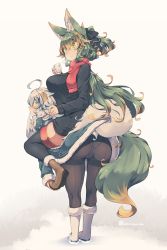 Rule 34 | ahoge, animal ear fluff, animal ears, ass, black legwear, black ribbon, boots, brown footwear, commentary request, eating, food, green eyes, green hair, hair between eyes, hair ribbon, highres, holding, holding food, kuromiya, kuromiya raika, long hair, mouth hold, multicolored hair, orange hair, original, panties, panties under pantyhose, pantyhose, red scarf, ribbon, scarf, shiromiya asuka, simple background, sitting, sitting on person, snow, tail, thighhighs, twitter username, two-tone hair, underwear, white background, white footwear, white hair