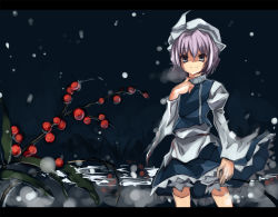 Rule 34 | 1girl, apron, blue dress, contrapposto, dress, expressionless, female focus, hand on own chest, juliet sleeves, letterboxed, letty whiterock, long sleeves, looking at viewer, puffy sleeves, purple hair, shaded face, shimadoriru, short hair, solo, standing, touhou, waist apron
