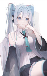 Rule 34 | 1girl, absurdres, aqua necktie, bare shoulders, black skirt, black thighhighs, blue eyes, blue hair, blurry, commentary request, depth of field, detached sleeves, e name, hair between eyes, hand on own cheek, hand on own face, hand up, hatsune miku, headphones, highres, korean commentary, looking away, necktie, pleated skirt, shirt, simple background, skirt, solo, thighhighs, twintails, vocaloid, white background, white shirt
