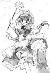 Rule 34 | 1girl, :d, antenna hair, apron, blush, braid, carnelian, greyscale, hair intakes, hair ribbon, highres, holding, juliet sleeves, leg up, long hair, long sleeves, looking at viewer, low-tied long hair, monochrome, open mouth, pointy ears, puffy long sleeves, puffy sleeves, ribbon, simple background, single braid, smile, solo, standing, standing on one leg, very long hair, waist apron, white background