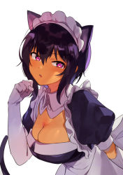Rule 34 | 1girl, animal ears, black hair, breasts, cat ears, cat girl, cat tail, cleavage, commentary request, dark-skinned female, dark skin, elbow gloves, female focus, gloves, konbu wakame, large breasts, lilith (saikin yatotta maid ga ayashii), looking at viewer, maid, maid headdress, mole, mole on breast, mole under eye, official art, paw pose, puffy short sleeves, puffy sleeves, purple eyes, saikin yatotta maid ga ayashii, short hair, short sleeves, solo, tail, upper body, white background, white gloves