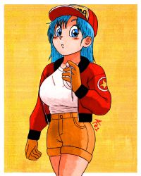 Rule 34 | 1980s (style), 1girl, aaronhibiki, alternate breast size, baseball cap, blue eyes, blue hair, blush, bra visible through clothes, breasts, brown gloves, bulma, dragon ball, dragon radar, gloves, hat, highres, jacket, large breasts, oldschool, outside border, red hat, red jacket, retro artstyle, shirt, shirt tucked in, short shorts, shorts, simple background, solo, star (symbol), thighs, white shirt, xxxhibiki, yellow background, yellow gloves, yellow shorts
