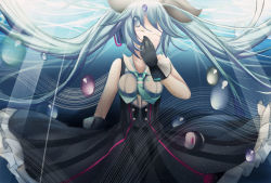 Rule 34 | 1girl, absurdres, aqua hair, bare shoulders, dress, closed eyes, gloves, gx (1165606660), hatsune miku, highres, long hair, necktie, solo, twintails, underwater, very long hair, vocaloid