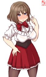 Rule 34 | 1girl, alternate costume, artist logo, black pantyhose, blue eyes, breasts, bronze parrot, brown hair, commentary request, cummerbund, dated, employee uniform, frilled shirt, frills, hair ornament, hand on own hip, highres, kanon (kurogane knights), kantai collection, large breasts, maya (kancolle), pantyhose, pleated skirt, red skirt, shirt, short hair, simple background, skirt, solo, standing, uniform, waitress, white background, white shirt, x hair ornament