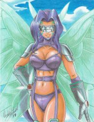 Rule 34 | 1girl, 2019, absurdres, armor, bra, breasts, butterfly wings, cleavage, cloud, collarbone, colored pencil (medium), curvy, digimon, digimon (creature), digimon frontier, fairimon, fairy, fairy wings, female focus, garter belt, garter straps, gloves, hand on own hip, highres, insect wings, lips, monster girl, navel, nose, panties, purple bra, purple hair, purple panties, ravernclouk design, revealing clothes, shiny skin, shoulder armor, signature, sky, smile, solo, strapless, strapless bra, thighhighs, traditional media, underwear, visor, wide hips, wings