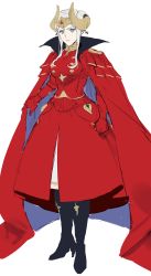 Rule 34 | 1girl, absurdres, blonde hair, blue eyes, breasts, cape, crown, edelgard von hresvelg, fire emblem, fire emblem: three houses, gloves, hair ornament, highres, horns, jewelry, long hair, looking at viewer, nintendo, red cape, sankomichi, simple background, solo, white background