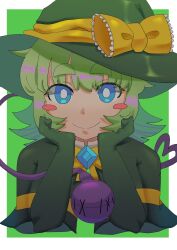 Rule 34 | 1girl, absurdres, blush stickers, bow, bright pupils, capelet, closed mouth, commentary, cookie (touhou), cosplay, elbow gloves, english commentary, eyeball, gloves, green capelet, green gloves, green hair, green hat, hands on own cheeks, hands on own face, hat, hat bow, highres, kirisame marisa, koishi day, komeiji koishi, komeiji koishi (cosplay), looking at viewer, medium bangs, meguru (cookie), nonpik aku, short hair, smile, solo, thick eyebrows, third eye, touhou, upper body, white pupils, witch hat, yellow bow