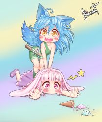 Rule 34 | 2girls, :3, ahoge, animal ears, artist name, bare shoulders, blue hair, blunt bangs, blush, blush stickers, child, collarbone, dress, fangs, female focus, flat chest, food, foot up, fox ears, fox tail, frilled dress, frills, full body, green footwear, green shorts, happy, ice cream, ice cream cone, kionant, leaning forward, long hair, looking at viewer, lying, midriff, multiple girls, on stomach, open mouth, original, pink eyes, pink hair, purple dress, purple footwear, rabbit ears, rainbow background, sad, sheath, sheathed, shiny skin, shoes, short shorts, shorts, signature, sleeveless, sleeveless dress, smile, socks, spill, standing, standing on person, star (symbol), sword, tail, teeth, thigh gap, v arms, weapon, white footwear, yellow eyes