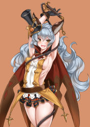 Rule 34 | 10s, 1girl, :d, animal ears, armpits, arms up, black gloves, blue hair, blush, breasts, cape, cle masahiro, covered navel, earrings, erune, fang, ferry (granblue fantasy), ferry (halloween) (granblue fantasy), gloves, granblue fantasy, halloween, hat, jewelry, long hair, looking at viewer, open mouth, rabbit ears, sideboob, smile, solo, sweat, wavy hair, yellow eyes