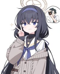 Rule 34 | 1boy, 1girl, black hair, blue archive, blush, cardigan, closed mouth, grey cardigan, hair between eyes, hairband, halo, highres, jewelry, jyt, long hair, long sleeves, looking at viewer, neckerchief, pendant, purple eyes, purple hairband, purple neckerchief, sailor collar, sensei (blue archive), simple background, ui (blue archive), upper body, v, white background, white sailor collar