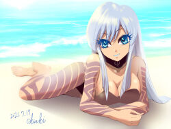 Rule 34 | 1girl, blue eyes, blue hair, body markings, breasts, chiaki ogishima, cleavage, closed mouth, collar, collarbone, dated, devil summoner, full body, lipstick, long hair, looking at viewer, makeup, medium breasts, nemissa, shin megami tensei, smile, solo, soul hackers, swimsuit, water