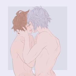 Rule 34 | 2boys, ahoge, back, blush, brown hair, closed eyes, commentary, cuddling, english commentary, flat color, from side, granblue fantasy, hair between eyes, hand on another&#039;s chest, hand on another&#039;s head, highres, hihazuki, imminent kiss, lucifer (shingeki no bahamut), male focus, messy hair, multiple boys, nude, parted lips, profile, sandalphon (granblue fantasy), simple background, smile, white hair, yaoi