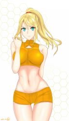 Rule 34 | 1girl, 2017, aqua eyes, arm behind back, bad id, bad pixiv id, bare arms, bare legs, bare shoulders, blonde hair, blush, breasts, closed mouth, dated, female focus, hair between eyes, hexagon, highres, holding, holding own hair, honeycomb (pattern), honeycomb background, large breasts, legs, long hair, looking at viewer, metroid, metroid: zero mission, midriff, navel, nintendo, orange shorts, ponytail, revealing clothes, ru (16857772), samus aran, serious, short shorts, shorts, simple background, sleeveless, sleeveless turtleneck, solo, standing, super smash bros., turtleneck