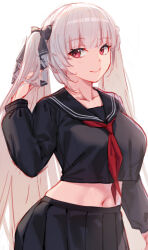 Rule 34 | 1girl, absurdres, azur lane, black ribbon, black sailor collar, black shirt, black skirt, closed mouth, crop top, formidable (azur lane), formidable (the lover&#039;s heart flutters on duty) (azur lane), hair ribbon, highres, kimi tsuru, light brown hair, long hair, long sleeves, looking at viewer, midriff, navel, neckerchief, official alternate costume, pleated skirt, red eyes, red neckerchief, ribbon, sailor collar, school uniform, shirt, simple background, skirt, smile, solo, stomach, two-tone ribbon, very long hair, white background, white ribbon