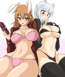 Rule 34 | 2girls, animal ears, bad id, bad pixiv id, bikini, bikini top only, black bikini, black bra, black panties, blonde hair, blue eyes, blush, bra, breasts, charlotte e. yeager, cleavage, curvy, fox ears, glasses, gloves, groin, heidimarie w. schnaufer, large breasts, legs, lingerie, momio, multiple girls, open clothes, open mouth, open shirt, panties, pink bikini, pink bra, pink panties, rabbit ears, rabbit girl, red eyes, shirt, side-tie panties, skindentation, strike witches, swimsuit, tail, thick thighs, thighhighs, thighs, thong, toned, underboob, underwear, white hair, wide hips, world witches series