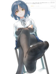 Rule 34 | 1girl, black pantyhose, black ribbon, blue hair, blue skirt, bocchi the rock!, collared shirt, commentary, commission, crossed arms, crossed legs, dress shirt, dutch angle, feet, foot focus, foot out of frame, foreshortening, hair between eyes, hair ornament, hairclip, highres, legs, light frown, long sleeves, looking at viewer, marulire, mole, mole under eye, neck ribbon, no shoes, on chair, pantyhose, ribbon, school uniform, shirt, short hair, short sleeves, sitting, skirt, soles, solo, toes, white background, white shirt, yamada ryo, yellow eyes