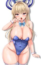 Rule 34 | 1girl, absurdres, animal ears, blonde hair, blue archive, blue eyes, blue leotard, bow, bowtie, breasts, cameltoe, cleavage, cleft of venus, detached collar, fake animal ears, fellatio gesture, halo, highleg, highleg leotard, highres, large breasts, leotard, long hair, looking at viewer, mitomumitomu, official alternate costume, playboy bunny, rabbit ears, solo, thigh gap, thighhighs, thighs, toki (blue archive), toki (bunny) (blue archive), tongue, tongue out, v, very long hair, white thighhighs, wrist cuffs