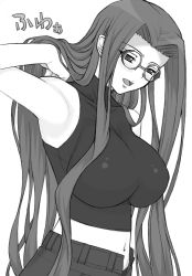 Rule 34 | 00s, armpits, breasts, fate/stay night, fate (series), glasses, greyscale, large breasts, long hair, medusa (fate), medusa (rider) (fate), midriff, monochrome, navel, shichimenchou, simple background, solo, square pupils, unzipped
