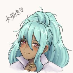 1girl aqua_hair closed_mouth crying crying_with_eyes_open dark-skinned_female dark_skin eyelashes fire_emblem fire_emblem_heroes hair_between_eyes kashiwa_e3 long_hair looking_at_viewer nidhoggr_(fire_emblem) nintendo ponytail red_eyes smile solo tears upper_body white_background