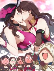 absurdres bad_source blush bracelet breasts brown_hair chibi commission covering_own_eyes dorothea_arnault dorothea_arnault_(plegian) dorothea_arnault_(summer) dorothea_arnault_(winter) earrings fire_emblem fire_emblem:_three_houses fire_emblem_heroes green_eyes highres jewelry kiran_(fire_emblem) kiran_(male)_(fire_emblem) kiss large_breasts long_hair multiple_girls nintendo pixiv_commission randompeeps selfcest smile yuri