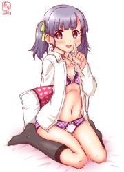 Rule 34 | 1girl, black socks, bra, dated, dress shirt, green ribbon, hair ribbon, highres, index finger raised, kanon (kurogane knights), kantai collection, kneehighs, logo, looking at viewer, ooshio (kancolle), open clothes, open mouth, open shirt, panties, pillow, plaid, plaid bra, plaid panties, purple eyes, purple hair, ribbon, shirt, short hair, short twintails, simple background, smile, socks, solo, twintails, underwear, white background, white shirt