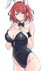 Rule 34 | 1girl, absurdres, animal ears, black leotard, blush, breasts, chest jewel, cleavage, detached collar, drop earrings, earrings, fake animal ears, groin, highleg, highleg leotard, highres, jewelry, large breasts, latte, leotard, playboy bunny, pyra (xenoblade), rabbit ears, red eyes, red hair, short hair, simple background, smile, solo, strapless, strapless leotard, swept bangs, white background, wrist cuffs, xenoblade chronicles (series), xenoblade chronicles 2