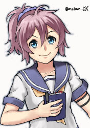 Rule 34 | 1girl, aoba (kancolle), blue eyes, kantai collection, looking at viewer, maakun (makun dx), messy hair, neckerchief, notebook, one-hour drawing challenge, ponytail, purple hair, purple sailor collar, sailor collar, school uniform, scrunchie, serafuku, simple background, smile, solo, twitter username, upper body, white background, yellow neckerchief
