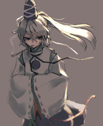 Rule 34 | 1girl, blue hat, blue skirt, brown background, cigarette, closed mouth, detached sleeves, grey eyes, grey hair, hair between eyes, hands up, hat, japanese clothes, kariginu, light, long hair, long sleeves, looking to the side, meimaru inuchiyo, mononobe no futo, pom pom (clothes), ponytail, shirt, simple background, skirt, smoke, solo, touhou, white shirt, white sleeves, wide sleeves