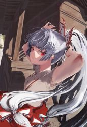 Rule 34 | 1girl, absurdres, adjusting hair, arms up, blunt bangs, bow, building, closed mouth, collared shirt, commentary, cowboy shot, foreshortening, fujiwara no mokou, grey hair, grey shirt, hair bow, hand on own head, highres, long hair, looking at viewer, pants, ponytail, red bow, red eyes, red pants, shirt, sideways glance, solo, suspenders, torn clothes, torn sleeves, touhou, tsukechi, two-tone bow, white bow