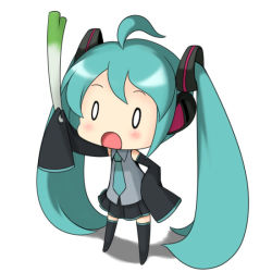 Rule 34 | 0 0, ahoge, aqua hair, boots, chibi, detached sleeves, hatsune miku, long hair, musashino udon, necktie, o o, open mouth, skirt, sleeves past wrists, solo, spring onion, thigh boots, thighhighs, twintails, very long hair, vocaloid, zettai ryouiki