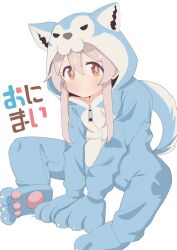 Rule 34 | 123nasub, 1girl, absurdres, animal costume, animal hands, animal hood, brown eyes, commentary, copyright name, gloves, grey hair, hair between eyes, highres, hood, hood up, light blush, long hair, long sleeves, looking at viewer, onii-chan wa oshimai!, oyama mahiro, paw gloves, paw shoes, sidelocks, simple background, sitting, smile, solo, white background, wolf costume, zipper pull tab