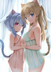 Rule 34 | 2girls, age difference, animal ears, ass, bare arms, bare shoulders, blue eyes, blue hair, blush, braid, brown hair, cat ears, cat girl, cat tail, closed mouth, commentary request, curtains, hair between eyes, highres, holding hands, interlocked fingers, lingerie, looking at viewer, multiple girls, negligee, one side up, onee-loli, original, panties, parted lips, purple eyes, see-through, smile, sora (silent square), tail, tail raised, underwear, underwear only, white panties, yellow panties, yuri