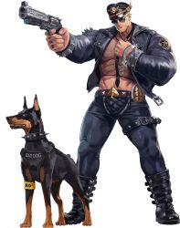 Rule 34 | 1boy, aiming, artist request, bara, beard, biceps, blonde hair, boots, chest plate, collar, collared jacket, crop top, crotchless, cuffs, dog, explosive, facial hair, finger tattoo, fishnets, glasses, grenade, gun, gyee, handcuffs, handgun, hat, highres, jacket, leather, leather belt, leather boots, leather jacket, leather pants, leg belt, male focus, manly, mature male, muscular, muscular male, navel, official art, open clothes, open jacket, pants, police hat, revolver, santos (gyee), short hair, spade (shape), spiked collar, spiked jacket, spikes, tattoo, thick arms, thick thighs, thighs, tight clothes, transparent background, unzipped, weapon