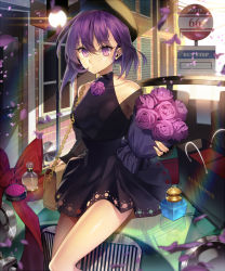 Rule 34 | 1girl, bad id, bad pixiv id, bag, bare legs, bare shoulders, black choker, black dress, bottle, bouquet, breasts, building, car, carchet, choker, closed mouth, collarbone, commentary, detached sleeves, dress, expressionless, fingernails, flower, hair between eyes, hat, holding, holding bouquet, holding flower, legs, legs together, looking at viewer, medium breasts, motor vehicle, on vehicle, original, outdoors, perfume bottle, petals, purple eyes, purple flower, purple hair, road sign, shopping bag, short dress, short hair, shoulder bag, sign, sitting, sleeveless, sleeveless dress, solo
