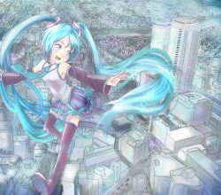 Rule 34 | bad id, bad pixiv id, blue hair, boots, building, cityscape, detached sleeves, hatsune miku, long hair, midair, miniskirt, miturousoku, nagoya (city), necktie, pleated skirt, real world location, skirt, skyscraper, solo, thigh boots, thighhighs, twintails, very long hair, vocaloid