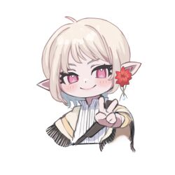 Rule 34 | 1girl, blonde hair, blush stickers, cropped torso, earrings, eyebrows hidden by hair, final fantasy, final fantasy xiv, flat chest, flower, hair flower, hair ornament, highres, jewelry, lalafell, lips, long bangs, looking at viewer, pink eyes, pointy ears, poncho, shirt, short hair, simple background, single earring, smile, solo, v, warrior of light (ff14), white background, white shirt, yaiba098