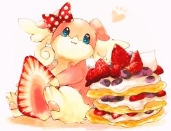 Rule 34 | :3, animal ears, animal hands, audino, blue eyes, blueberry, body fur, bow, closed mouth, cream, creatures (company), dessert, food, food focus, fruit, furry, game freak, gen 5 pokemon, hair bow, happy, heart, highres, holding, holding food, marker (medium), mofuo, nintendo, notice lines, oversized food, oversized object, pancake, pawpads, pink fur, pokemon, pokemon (creature), polka dot, polka dot bow, red bow, simple background, sitting, smile, solo, traditional media, two-tone fur, white background, white fur