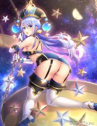 Rule 34 | 1girl, ass, black panties, blue eyes, blue hair, blue skirt, boots, breasts, chain, character request, chloris garden, elbow gloves, from behind, garter straps, gloves, hat, high heels, highres, kitazume kumie, kneeling, knees together feet apart, long hair, looking back, miniskirt, official art, open mouth, original, panties, ponytail, sideboob, skirt, solo, thigh boots, thighhighs, thong, underwear, white gloves, white thighhighs