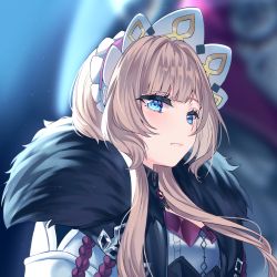 Rule 34 | 1girl, absurdres, blue eyes, blurry, blurry background, brown hair, commentary request, fur trim, genshin impact, hairband, highres, long hair, looking at viewer, sandrone (genshin impact), solo focus, upper body, yaya chan