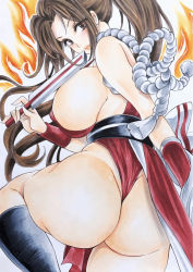 Rule 34 | 1girl, ass, breasts, brown eyes, brown hair, fatal fury, female focus, folding fan, hand fan, highres, holding, holding fan, huge ass, huge breasts, long hair, looking at viewer, matching hair/eyes, ninja, ponytail, revealing clothes, shiranui mai, sideboob, solo, thick thighs, thighs, thong, wide hips