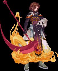 Rule 34 | 1girl, armor, brown hair, female focus, fire, full body, hiro (spectral force), lowres, pixel art, pointy ears, red eyes, short hair, solo, standing, transparent background